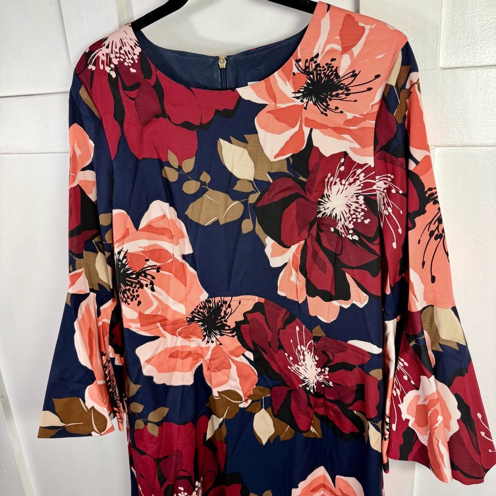 TRINA TURK Floral‎ Print Bell Sleeve Dress Navy Red Coral Size M - Picture 2 of 10